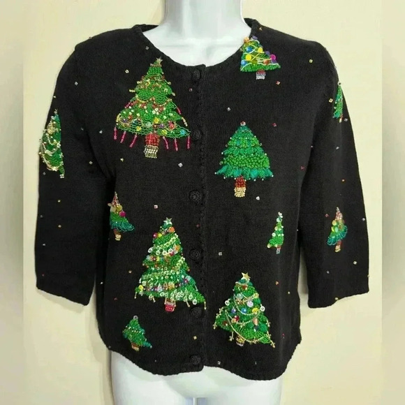Vintage Michael Simon Cardigan Christmas Trees Embellished sweater Size Medium - Picture 1 of 12